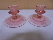 Beautiful Set of Etched Pink Depression Glass Candle Holders