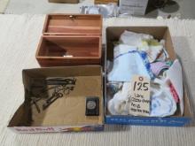 Lane mini cedar chest, Keys, Handkerchiefs, '64 Kennedy half Dollar
