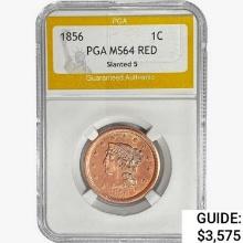 1856 Braided Hair Large Cent PGA MS64 RED Slanted