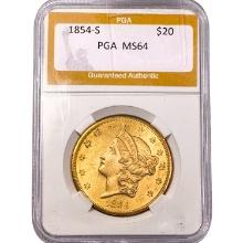 1854-S $20 Gold Double Eagle PGA MS64