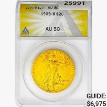 1909/8 $20 Gold Double Eagle ANACS AU50