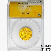 1913 $5 Gold Half Eagle ANACS AU58