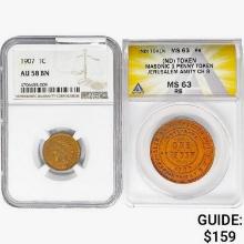 [2] 1907 1C IH/1 Penny Token ANACS/NGC AU/MS58/63