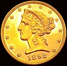 1892 $5 Gold Half Eagle CHOICE BU+