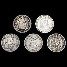 1853-1891 Varied Date Seated Liberty Dimes [5 Coins] LIGHTLY CIRCULATED
