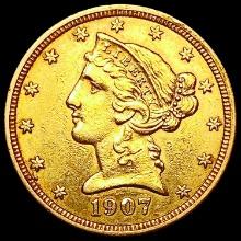1907 $5 Gold Half Eagle CLOSELY UNCIRCULATED