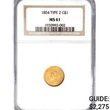 1854 Ty 2 Rare Gold Dollar NGC MS61
