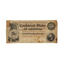 T-64 1864 $500 FIVE HUNDRED DOLLARS CSA CONFEDERATE STATES OF AMERICA CURRENCY NOTE