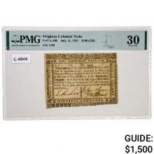 VA-190 JULY 14, 1780 $100 ONE HUNDRED DOLLARS VIRGINIA COLONIAL CURRENCY NOTE PMG VERY FINE-30