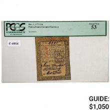 OCTOBER 1, 1773 20s TWENTY SHILLINGS PENNSYLVANIA COLONIAL CURRENCY NOTE PCGS ABOUT UNCIRCULATED-53