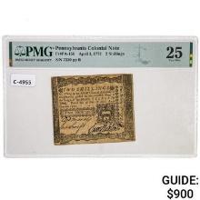 PA-156 APRIL 3, 1772 2s TWO SHILLINGS PENNSYLVANIA COLONIAL CURRENCY NOTE PMG VERY FINE-25