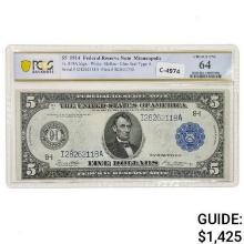 FR. 879a 1914 $5 FRN FEDERAL RESERVE NOTE MINNEAPOLIS, MN PCGS BANKNOTE CHOICE UNCIRCULATED-64