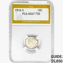 1916-S Mercury Silver Dime PGA MS67 FSB