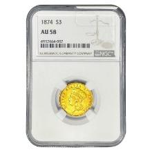 1874 $3 Gold Piece NGC AU58