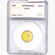 1861 $2.50 Gold Quarter Eagle SEGS AU50 NEW REV