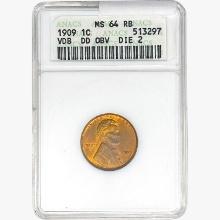 1909 Wheat Cent ANACS MS64 RB Dbl Die OBV