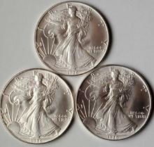 3 1986 First Year Key Date US Silver Eagles (1 Oz .999 Silver Bullion Coins)