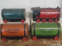 Four Piece Set Tasty Food Limited Brand Coffee Advertising Train Engine And Cars Tins