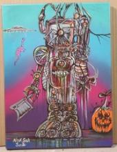 Acrylic Psychedelic Robot Horror Chef Painting with Dinosaur and UFO by Nicholas "Nick" & Suzie Sea