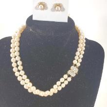 Double Strand Cultured Pearl Necklace With 14K Yellow Gold & Diamond Locking Clasp Necklace