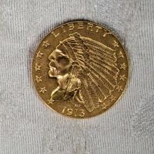 1913 US Gold 2 1/2 Dollars Quarter Eagle Coin
