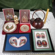 Asian Antiques with Framed Lotus Shoes, Antique Silk Character medallions, gold Decorated India