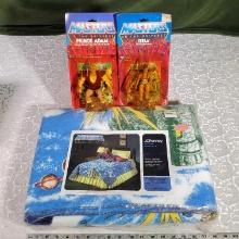 1983 Masters of The Universe Prince Adam & Teela Action Figures in Bubble Packs and MOTU Blanket