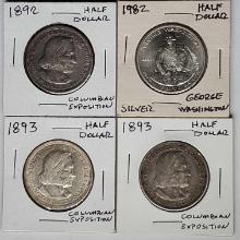 4 Commemorative Silver Half Dollars -2 1893 Columbian Expo and 1 1982 George Washington