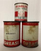 Two 1lb Grease Cans & 1/2 Pint Homelite Engine Oil Can