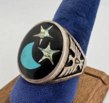 Zuni Sterling Silver Inlaid Moon Ring