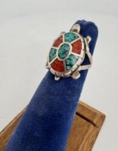Zuni Chip Inlaid Sterling Turtle Ring