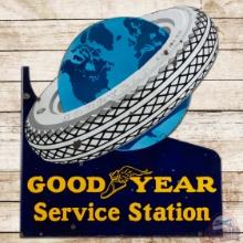 Goodyear Service Station Die Cut DS Porcelain Flange Sign w/ World in Tire Logo