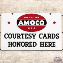NOS Amoco American Gas Courtesy Cards Honored DS Porcelain Sign w/ Logo