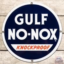 Gulf No-Nox Knockproof Gasoline SS Porcelain Pump Plate Sign