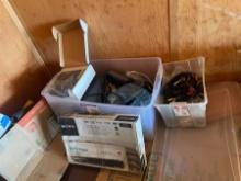 Box of Electrical Supplies with DVD Player & Wireles Router