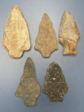 5 Archaic Stem Points, Longest is 3 1/8", Mainly Found in Gloucester County, New Jersey