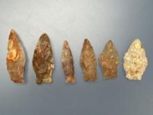 6 Nice Cohansey Quartzite Fishtail Points, Found in Gloucester County, New Jersey Longest 2 3/16"