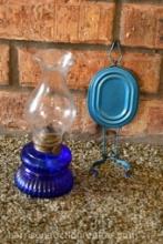 Vintage Japan Nasco Blue Glass Fluted Top Chimney Oil Lamp