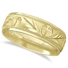 Mens Christian Leaf and Cross Wedding Band 14k Yellow Gold 7mm