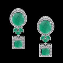 7.44 Ctw VS/SI1 Emerald and Diamond 14K White Gold Dangling Earrings (ALL DIAMOND ARE LAB GROWN )