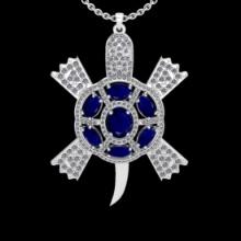 5.91 Ctw VS/SI1 Blue Sapphire And Diamond 14K White Gold Tortoise Turtle Pendant Necklace (ALL DIAMO