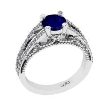 1.61 Ctw VS/SI1 Blue Sapphire and Diamond 14K White Gold Engagement Halo Ring(ALL DIAMOND ARE LAB GR