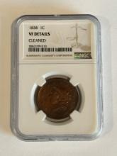 1838 1C Coronet Head Large Cent Coin - VF Details