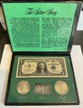 USA SILVER COINS AND BANK NOTE ALBUM SET IN BOX