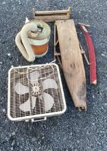 Shop Vac, Fan, Wooden Box, and Antique Iron Board