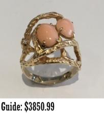 14k Gold Pink Coral Ring - Size 7.5