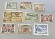 9 Pieces of Notgeld German Emergency Issue banknotes