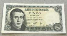 1951 Banco De Espana Cinco Pesetas Banknote, UNC