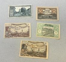 5 Pieces of Notgeld German Emergency Issue banknotes