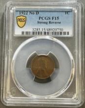 L@@K 1922 NO D Wheat Cent in AUTHENTIC PCGS F15 holder, strong reverse